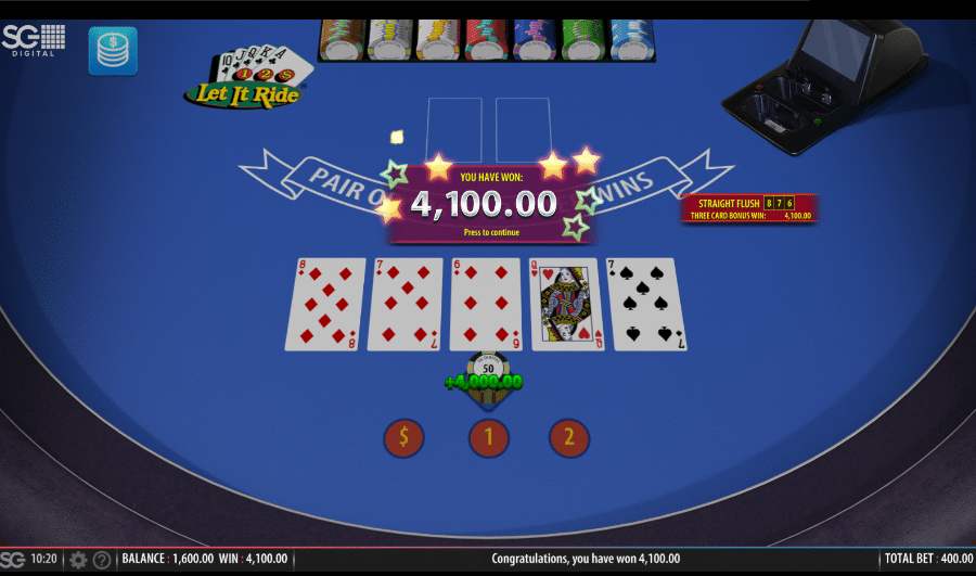Let it Ride 3 card bonus straight flush